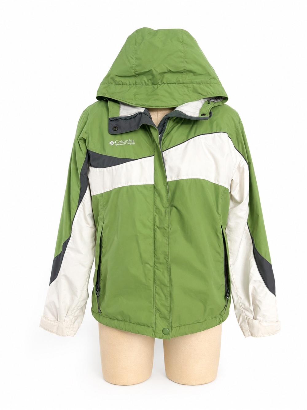 Women’s Columbia Green and White Hooded Ski Jacket with Gray Accents